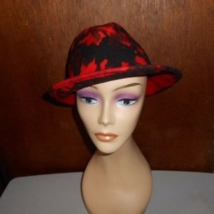 Womens Red Orange and Black Wool Fedora Hat Small